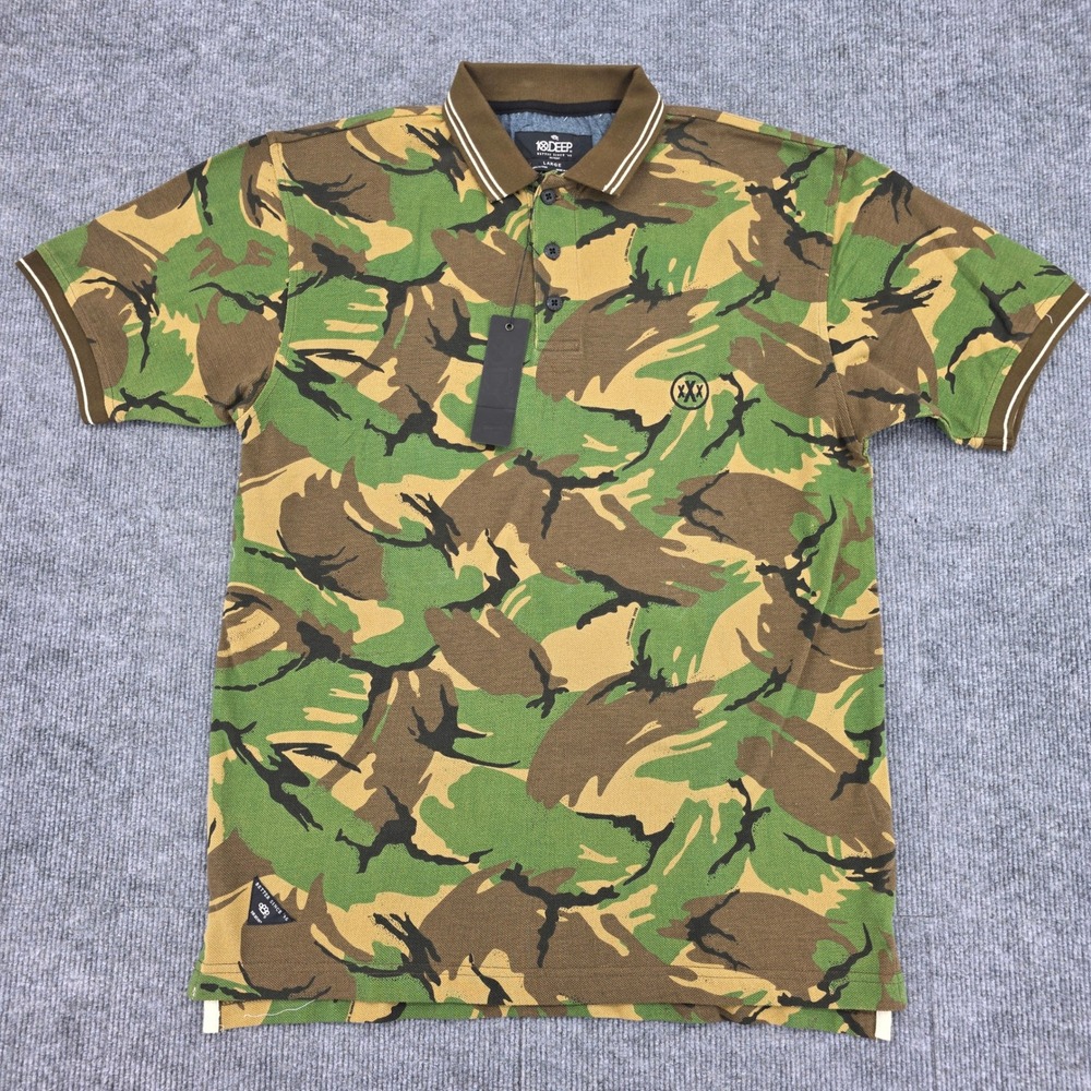 10.Deep Mens Camo Core Polo Shirt Green Woodland Camouflage NWT Size Large